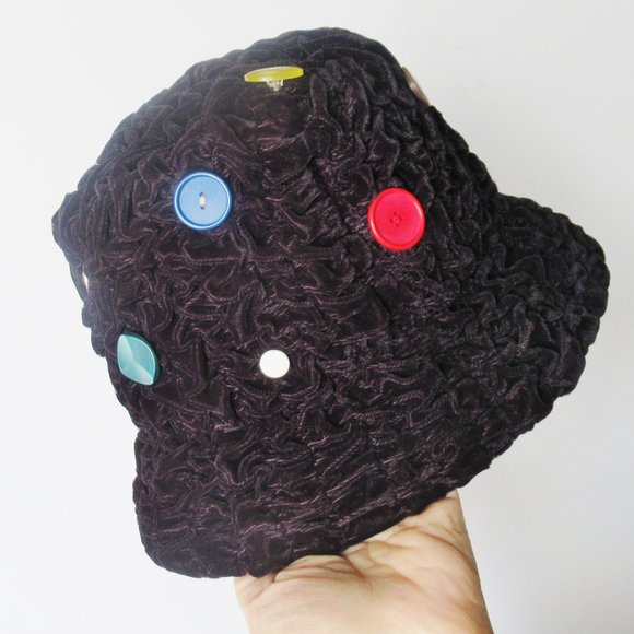 Deep Purple Velvet Hat Hand Ruched Fabric Decorated With Vintage Buttons - Picture 4 of 8